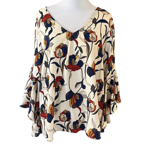 GREEN ENVELOPE FLORAL FLUTTER SLEEVE BLOUSE WITH OPEN TIE BACK MULTICOLOR SIZE M - Picture 1 of 15